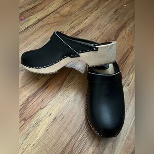 Urban Outfitters Black Leather Clogs with Wooden Sole